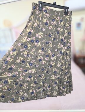 Vintage Sage Harbor Olive Floral Midi Skirt with Pink & Navy Blooms Womens Small